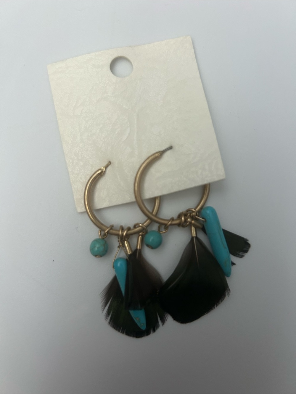 NIP Free People Gold Hoop Earrings with Turquoise Beads and Black Feather Charms